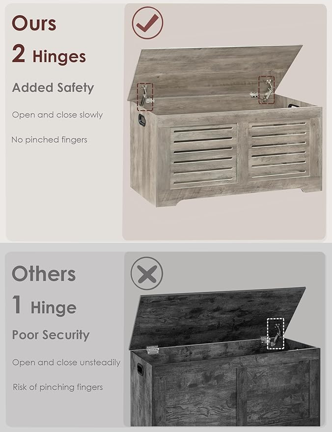 DINZI LVJ Storage Chest, 43.3” Wooden Toy Box with 2 Safety Hinges, Retro Entryway Shoe Storage Bench with Flip-Top, Sturdy Large Storage Trunk for Living Room, Bedroom, Easy Assembly, Gray Wash