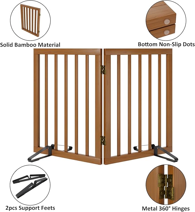 Walnut Dog Gates for Doorways, Foldable Dog Gate for Stairs, Bamboo Freestanding Pet Gate with 2 Support Feet, Puppy Fences Indoor