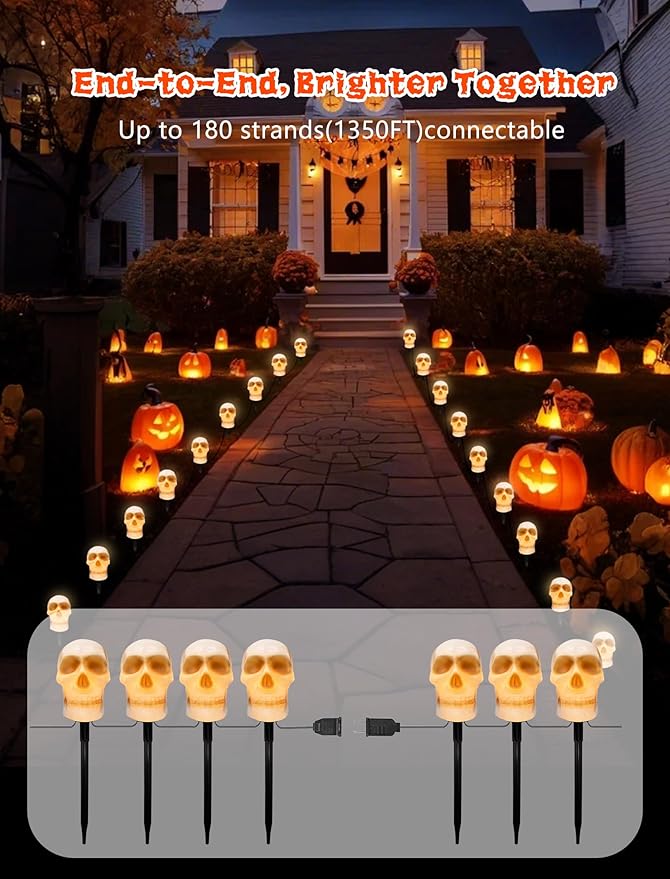 Halloween Pathway Lights Outdoor – Connectable Skull Lights Outdoor with LED C7 Bulbs & Stakes, Waterproof Halloween Skull Light for Garden, Lawn, Driveway, Ghost Pathway Light & Skeleton Stakes