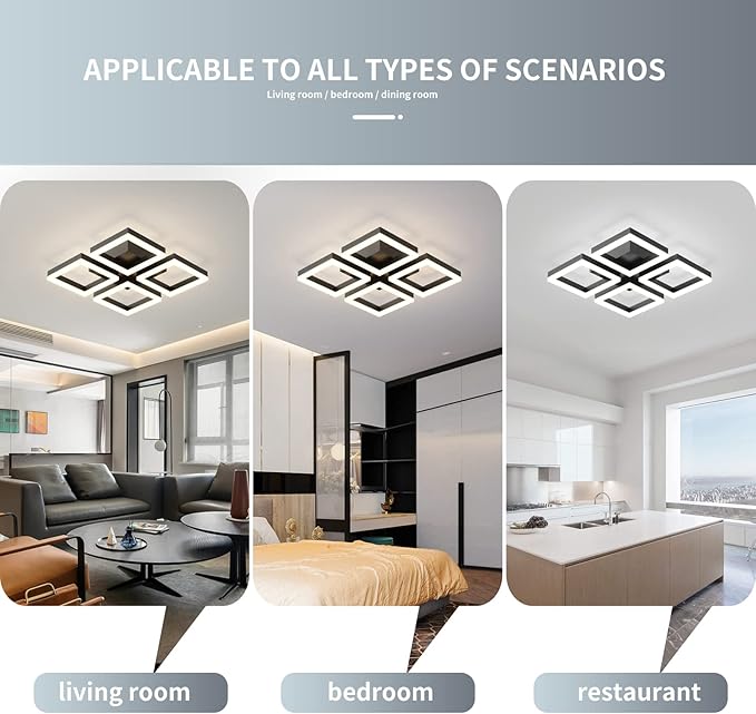 GEADI Led Ceiling Light, Modern 4-Square Ceiling Lamp 52W Dimmable Flush Mount Ceiling Chandelier for Living Dining Room Bedroom Kitchen, Black