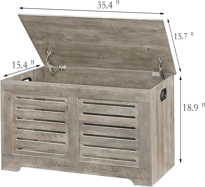 DINZI LVJ Storage Chest, Flip-Top Wooden Toy Box with 2 Safety Hinges, Retro Entryway Shoe Bench, Sturdy Large Storage Trunk for Living Room, Bedroom, Toddler Room, Easy Assembly, Grey Wash