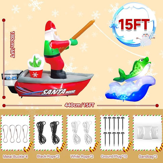 Kalolary 15FT Long Christmas Inflatables Fishing Santa Claus, Santa Inflatables Blow Up Yard Outdoor Decorations with Built-in Rotating Blue LED Lights for Xmas Party Yard Garden Lawn Indoor Decors
