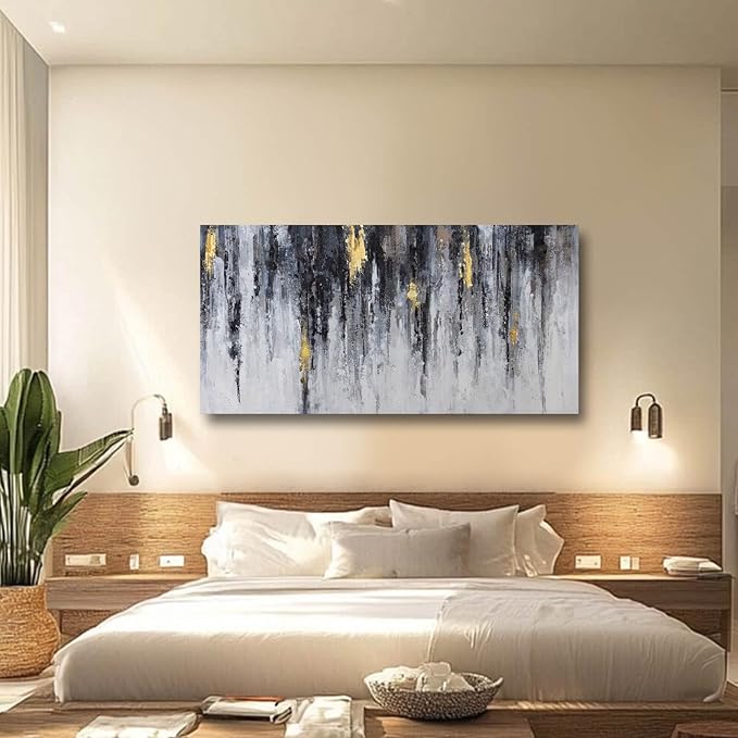 GAIDUOMAI Black and White Abstract Wall Decor Gold Foil Textured Wall Art Graffiti Art Work Wall Pictures for Living Room Home Office 29"x58" Large Size