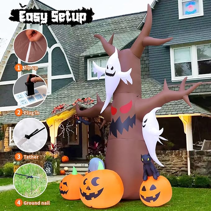 GOOSH 12 FT Halloween Inflatables Tree Outdoor Decorations Blow Up Yard Scary Dead Tree with Pumpkin Ghost Tombstone with Built-in LEDs for Garden Lawn Indoor Party Decor