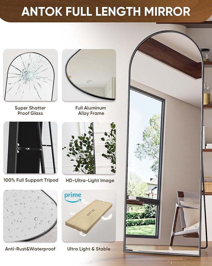 Antok Full Length Mirror, 65"x22" Floor Mirror Freestanding, Full Body Floor Standing Mirror with Stand for Bedroom, Hanging Mounted for Living Room Cloakroom, Black