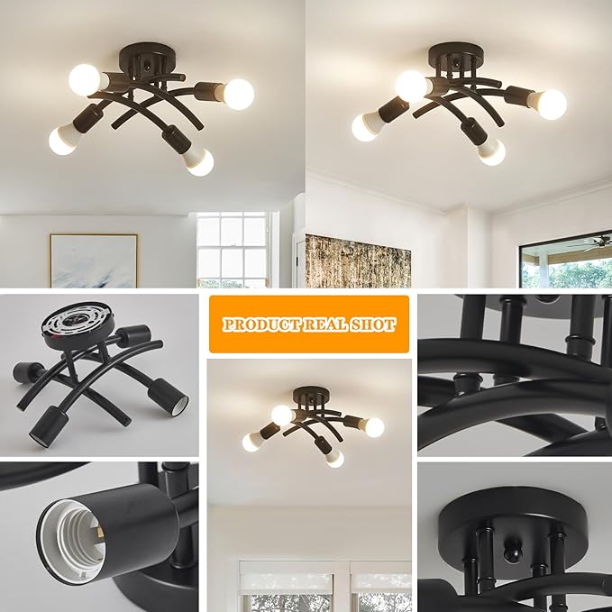 BUXVRCS Semi Flush Mount Ceiling Light Fixture, Modern Sputnik Chandelier Light Fixtures, Industrial Kitchen Light Fixtures Ceiling Mount, 4-Light Dining Room Light Fixture for Bedroom Hallway (Black)