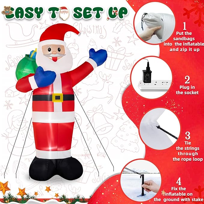 B&D 12FT Giant Christmas Inflatables Santa Claus Outdoor Decorations Built-in LED Lights, Christmas Blow Up Santa Yard Decorations with Gift Bag Inflatable Xmas Decorations for Yard Garden Lawn