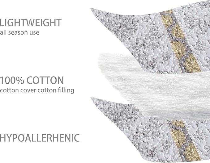 Homzard Quilts Queen Size - Cotton Comforter Set,White Grey Yellow Striped Quilt Bedspread Set,Paisley Bedding Queen Size and Two Pillow Shams