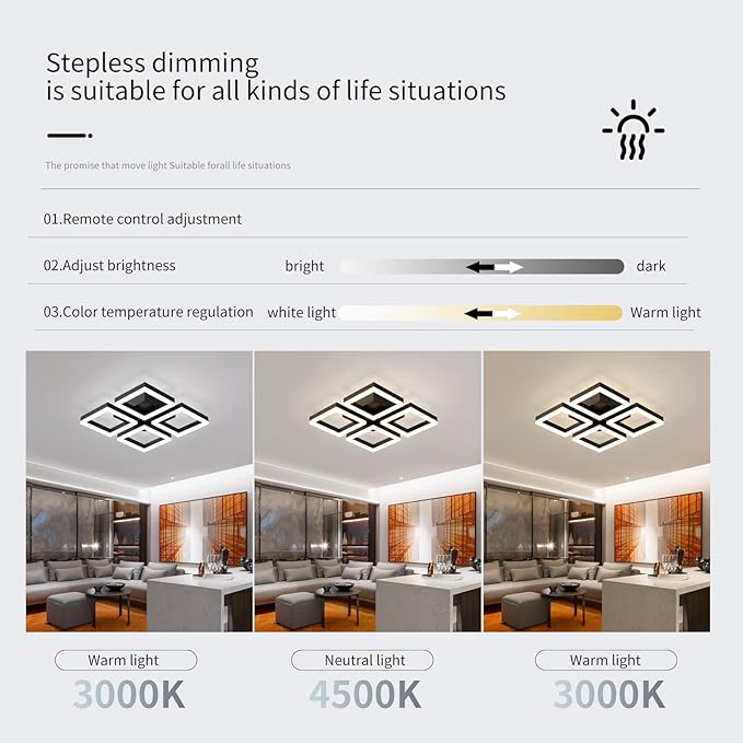 GEADI Led Ceiling Light, Modern 4-Square Ceiling Lamp 52W Dimmable Flush Mount Ceiling Chandelier for Living Dining Room Bedroom Kitchen, Black