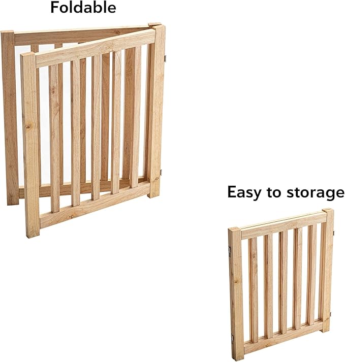 LZRS 2-Panel Wooden Free Standing Foldable Dog Gate – Solid Hardwood 24" High, Step-Over Safety Pet Gate for Doorways, Stairs & Small Spaces - Indoor Use, Natural