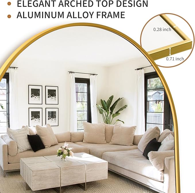 Antok Floor Mirror, 64"x21" Full Length Mirror with Stand, Arched Wall Mirror, Glassless Gold Floor Mirror Freestanding, Wall Mounted Mirror for Bedroom Living Room (Gold)
