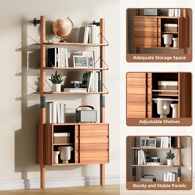 Ladder Bookshelf with Storage Cabinet, Mid Century Modern Bookcase, Wall Mounted Bookshelf with Wood and Metal Frame, 6 Tier Open Display Rack for Living Room, Bedroom, Home Office, Cherry