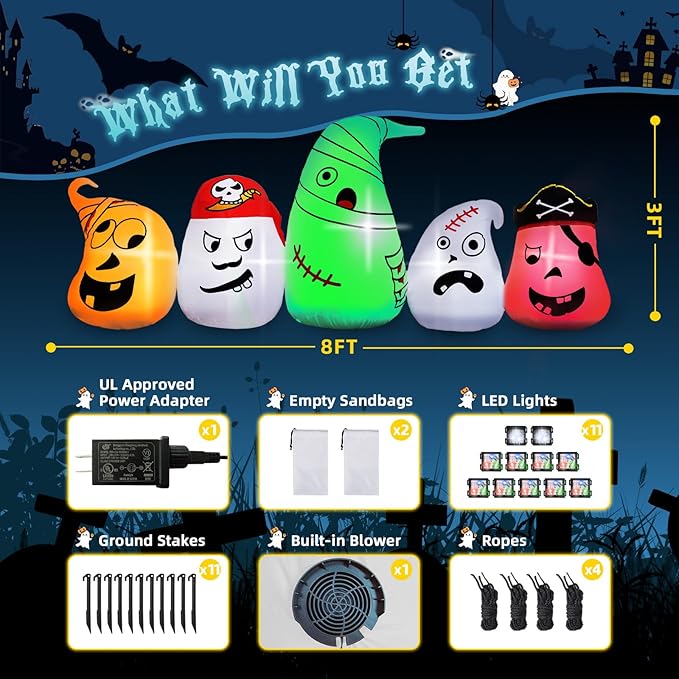 B&D 8FT Long Halloween Inflatables Ghost Outdoor Decorations, 5 Pirate Ghosts Inflatable Halloween Decorations with Color Changing RGB Lights Halloween Blow Ups for Party, Garden, Yard, Lawn Decor