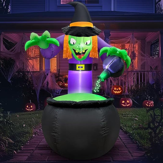 TURNMEON 5 Ft Halloween Inflatable Witch with Cauldron and Green LED String Light, Halloween Decorations Outdoor Blow Up Witch Pot with Build-in LEDs Halloween Yard Decor for Indoor Party Garden Lawn