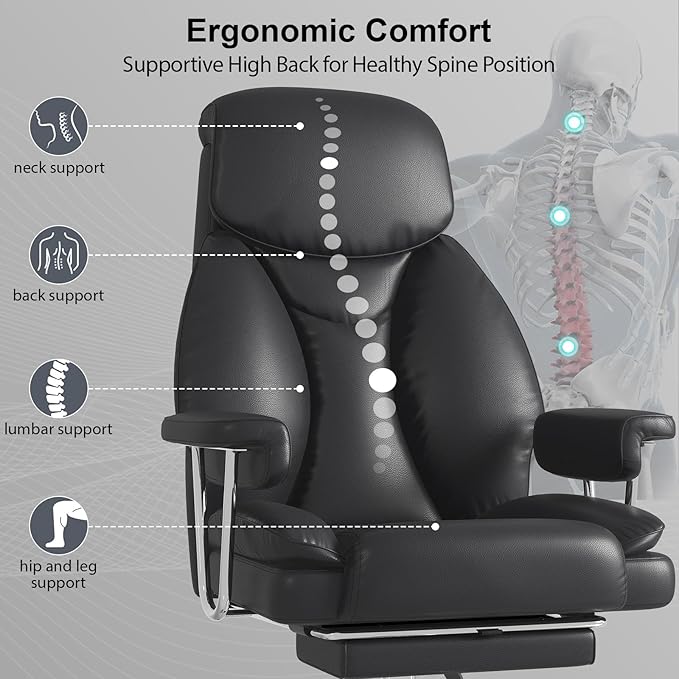 Big and Tall Office Chair, Ergonomic Leather High Back Executive Computer Desk Chair with Retractable Footrest and Padded Arms, 360°Swivel Free, 90-135°Reclining, 500lbs Wide Seat, Black