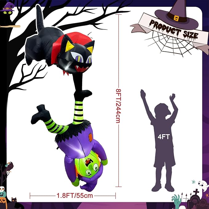OurWarm 8FT Halloween Inflatables Outdoor Decorations, Cat and Witch Halloween Blow Up Yard Decorations with LED Lights, Inflatable Halloween Decorations for Outdoor Indoor Party Roof Lawn Yard Decor