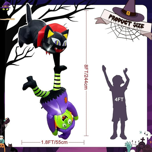 8 FT Halloween Inflatables Outdoor Decorations Black Cat and Witch Inflatable, Halloween Blow Up Yard Decorations with LED Lights, Black Cat Inflatable Decorations for Outdoor Yard Roof Decor