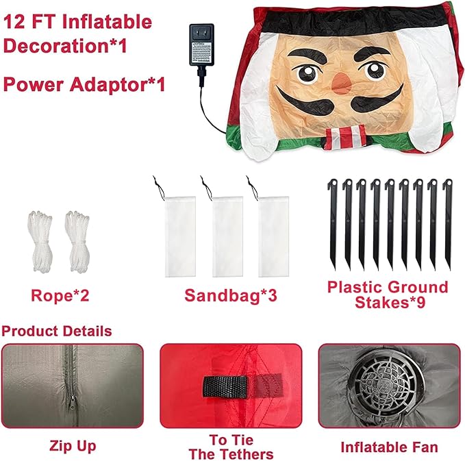 12 Ft Giant Christmas Inflatables Nutcracker Soldier Build in LED Lights, Outdoor Xmas Decoration, Blow Up Nutcracker for Square Lawn Garden Patio Holiday Party Decor