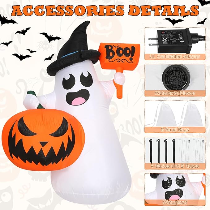 Inflatable Halloween Blow Ups, 5FT Outdoor Ghost Pumpkin Halloween Inflatables, Blow Up Yard Decoration with LED Lights, Halloween Decor for Home,Holiday,Party,Garden