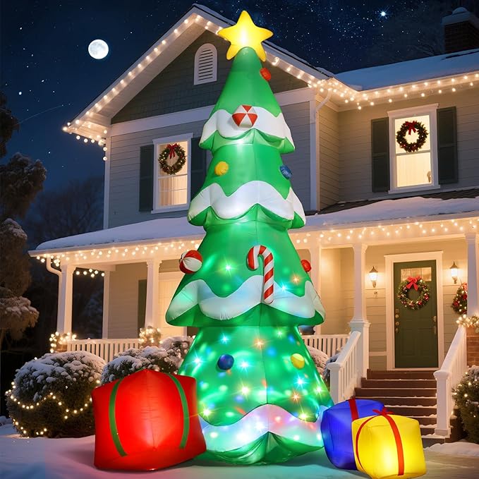 Dawdix 14FT Christmas Tree Inflatable Outdoor Decoration, Giant Christmas Inflatables Tree with 3 Gift Boxes, Lighted Christmas Decoration for Yard, Blow Up Xmas New Year Lawn Decor