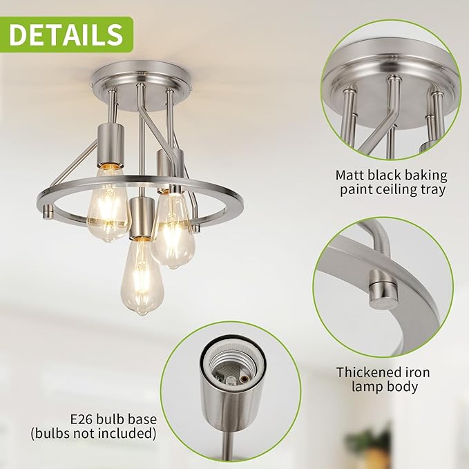 WILON Brushed Nickel Semi Flush Mount Ceiling Light - 3-Light Ceiling Light Fixtures Farmhouse Kitchen Light Industrial Hallway Light Fixtures E26 Socket Ceiling Lamp for Hallway Kitchen Foyer