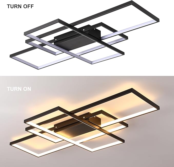 GEADI Modern Large Led Ceiling Light for Living Room,35.4" Black Dimmable Ceiling Lights for Bedroom with Remote Control,3 Rectangular Light Fixtures for Kitchen Dining Room Office, 3000-6500K