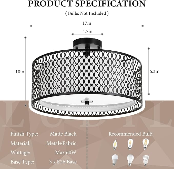 17" Semi Flush Mount Ceiling Light Fixture, Modern 3-Light E26 Double Drum Ceiling Lighting with Matte Black Iron Mesh Cage for Living Room Bedroom Hallway Entryway, Black