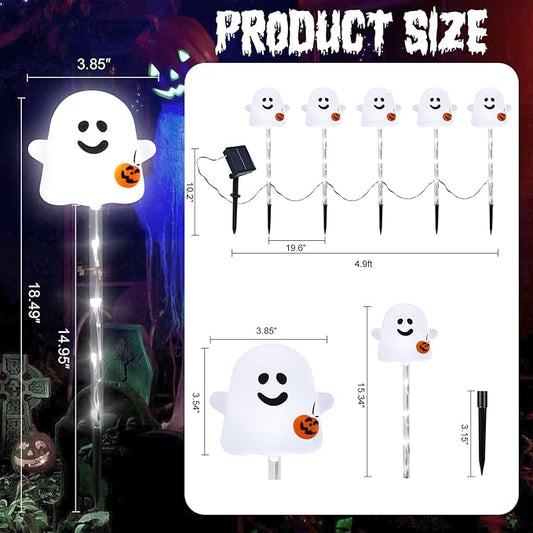 Solar Halloween Ghost Pathway Lights, 10 Pack - Outdoor Ghost Stake Lights with Pumpkin Design, Solar Powered Auto-On, Waterproof Halloween Decor for Garden, Walkway, Yard, Party (Transparent)