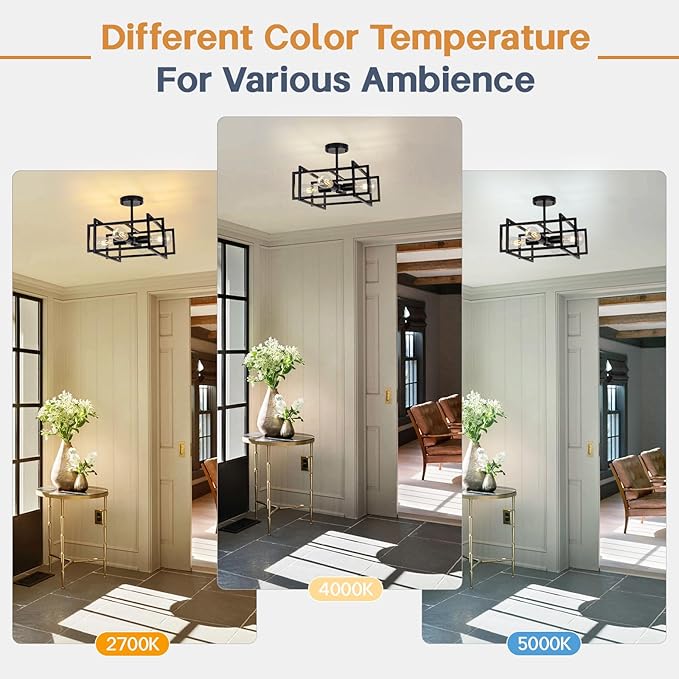 Industrial Semi Flush Mount Ceiling Light Fixture,4-Light Kichen Light Fixture Ceiling Mount,Farmhouse Chandelier,Modern Black Ceiling Light for Dining Room, Bedroom, Hallway