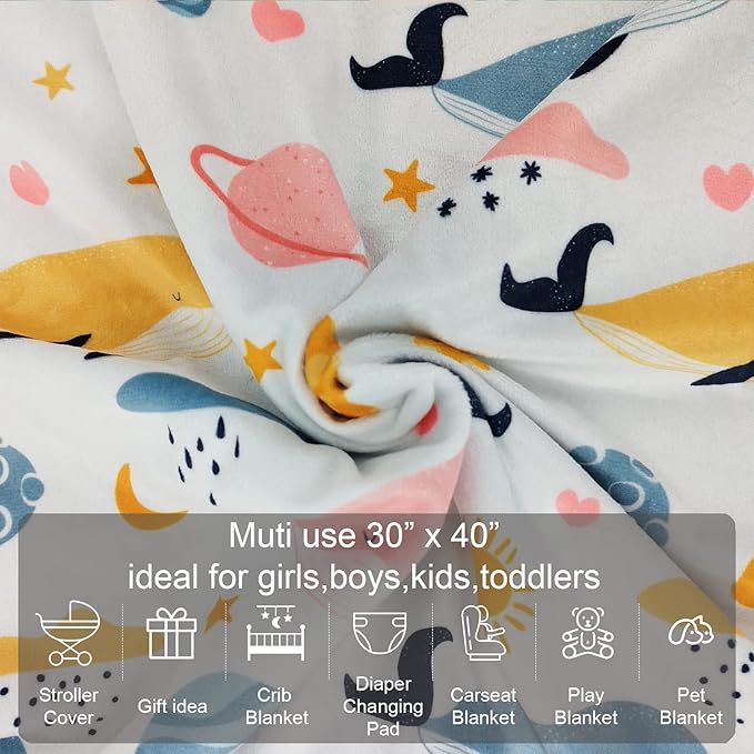 Baby Blanket for Boys Girls (Whales Printed, 30"x40") with Double Layer Dotted Backing Soft Plush Minky Blanket for Toddlers Newborn