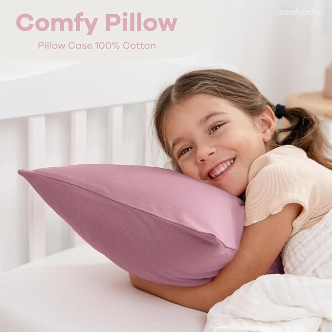 Comfy Cubs Toddler Pillow with Soft Cotton Pillowcase, 13"x18", Mauve (2 Pack) - Kids Pillow for Sleeping & Travel - Comfortable Small Pillow - Kids Travel Pillow with Breathable Microfiber Fill