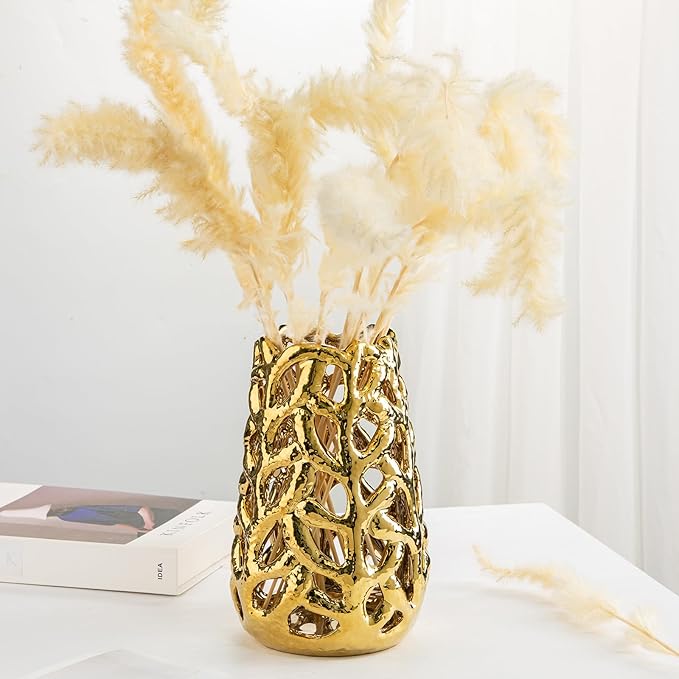 Gold Vases for Centerpieces, Coral Openwork Ceramic Flower Vase 9" Hollowed Decorative Pampas Grass Vase Gold Table Decor for Home Living Room Dinner Room Bedroom Office Wedding