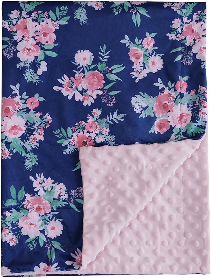 Minky Baby Blanket for Girls, Soft Lightweight Micro Fleece Blanket with Double Layer, Dotted Backing, Breathable Receiving Blanket for Newborns, 30x40 Inches, Navy Floral