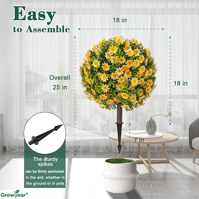 Artificial Topiary Ball Trees with Spike Set of 2, Fall Faux Boxwood Plants for Outdoor Planters, UV Resistant Artificial Outdoor Shrubs, Fake Bushes for Porch, Garden, Patio Decor