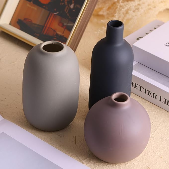 Brown Ceramic Vase Set,Small Vases Home Decor,Fall Décor Modern Farmhouse Vases for Home Decor, Organic Decor Accents for Living Room,Table,Shelf,Entryway,Pottery Vase Set of 3 (Multicolor)