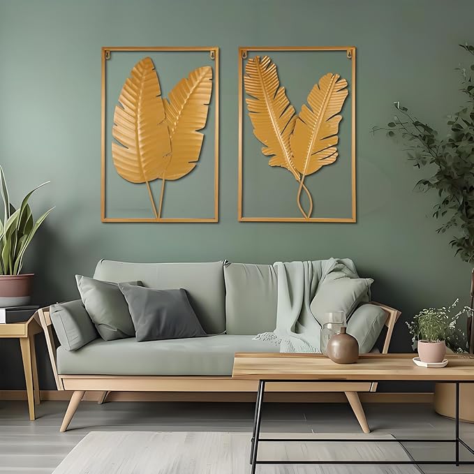 MKUN Set of 2 Iron Wall Sculptures -Gold Metal Leaf Wall Hanging Home Decor with Frame, Modern Luxury Wall Art Decor for Living Room, Bedroom, Office, Hotel, Large 24" X 16" (Gold_B)