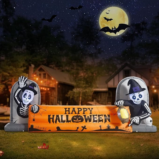 10FT Large Halloween Inflatable Decorations Skeleton Tombstone Banner, Build-in LED Lights Holiday Blow Up Yard Decoration for Halloween Holiday Party Outdoor,Garden Yard Lawn Decor