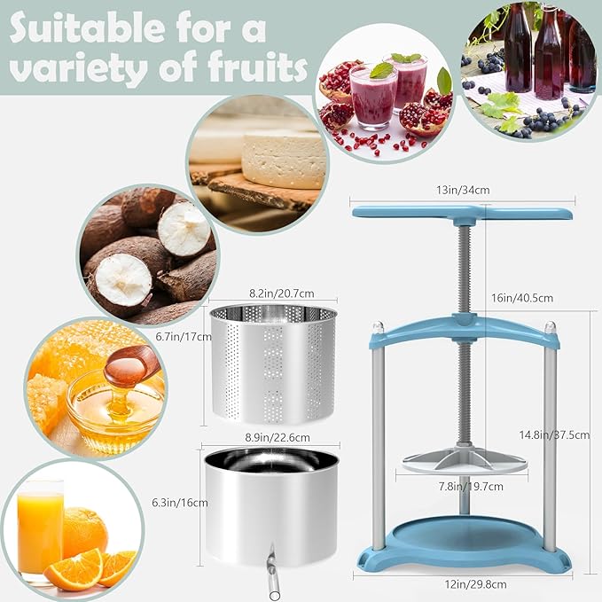 SQUEEZE master Cheese Tincture Herb Fruit Wine Manual Press-1.6Gallon/ 6 Litre with Triangular Structure & T-Handle-Stainless Steel for Juice, Cider,Wine,Olive Oil-Blue