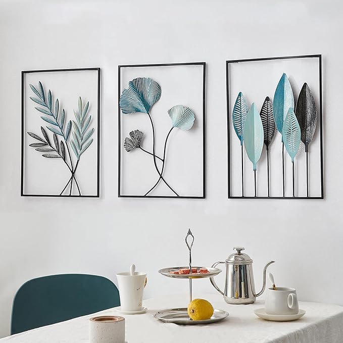 FUNTEREST Black Leaf Wall Decor Modern Wall Art Home Decor, Set of 3 Metal Wall Hanging Decoration for Living Room Office Bedroom Hotel