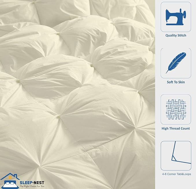 SLEEP-NEST All Season Luxury - Full Size Comforter 82x86 - Down Alternative 1 Piece Pinch Pleat Quilt with 8 Tabs - Ultra Soft, Lightweight Hotel Style Breathable Bedding, Pintuck Blanket - Ivory