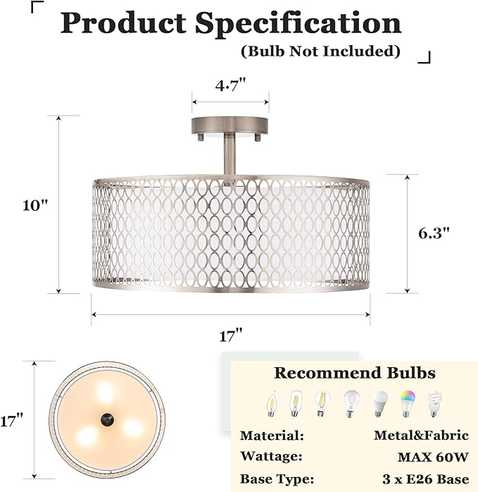17" Semi Flush Mount Ceiling Light Fixture, Modern 3-Light E26 Double Drum Ceiling Lighting with White Fabric Lampshade and Gloden Iron Mesh Cage for Living Room Bedroom, Brushed Nickel