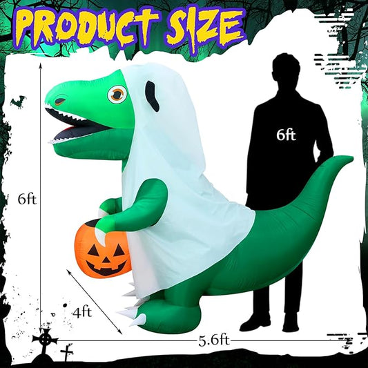 6 FT Halloween Inflatables Dinosaur Outdoor Decorations Ghost Dinosaur with Pumpkin Inflatables Decoration with Built in LEDs for Halloween Party Yard Lawn Garden Decor