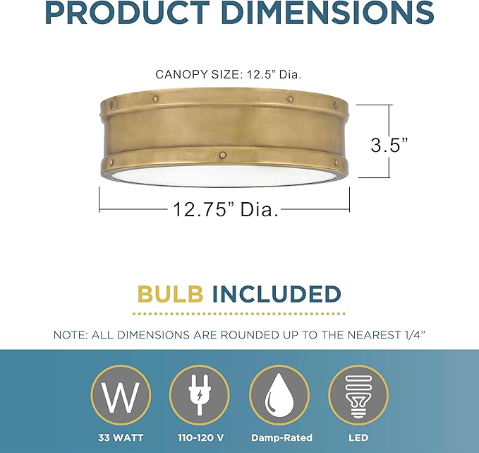 Quoizel Ahoy Round Flush Mount Ceiling Light, 13 Inch Drum Light with Metal Shade, 25 W LED, 1700 Lumens, 4" H x 13" W, Weathered Brass