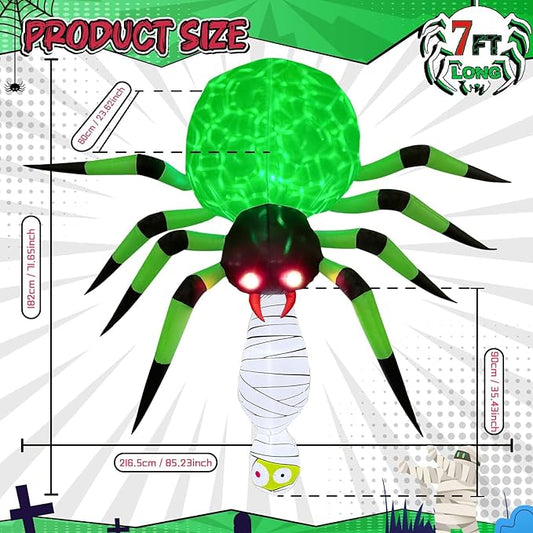 7FT Halloween Inflatables Spider Outdoor Decorations, Large Halloween Blow Up Yard Decorations with Mummy and Green LED Light, Scary Inflatable Decor for Eaves Cobweb Window Yard Lawn