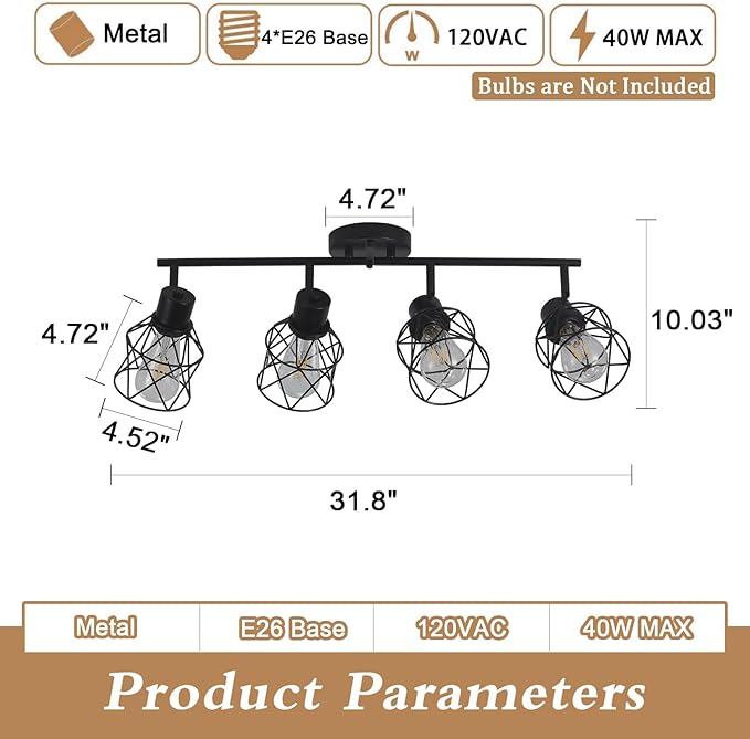 BUXVRCS Adjustable Multi-Directional Black Light Fixtures, Semi Flush Mount Ceiling Light, Kitchen Light Fixtures Ceiling Mount, Geometric Metal Cage Industrial Spotlight Fixtures for Dining Room