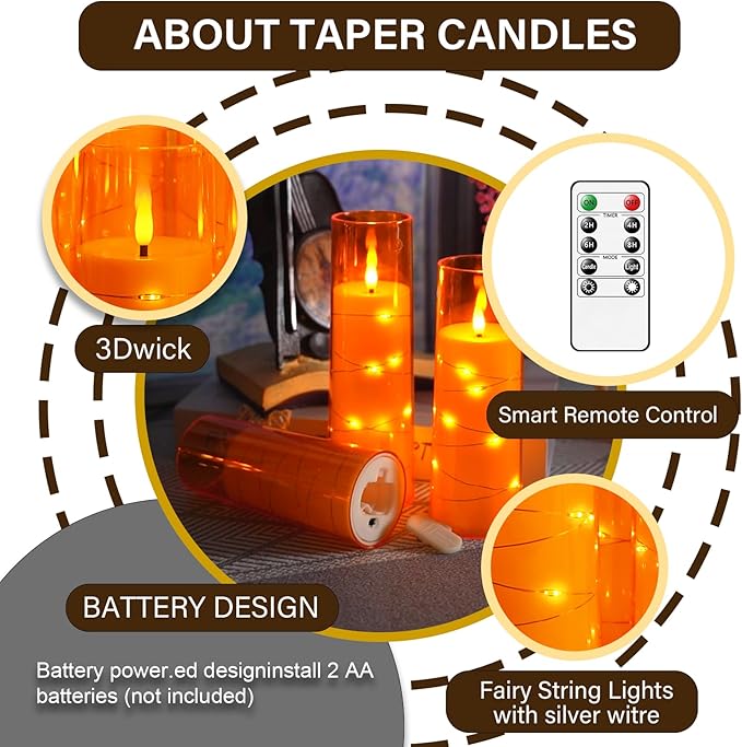Flameless LED Candles with Timer 5 Pc Flickering Flameless Candles for Romantic Ambiance and Home Decoration Stable Acrylic Shell,with Embedded Star String,Battery Operated Candles(Orange)