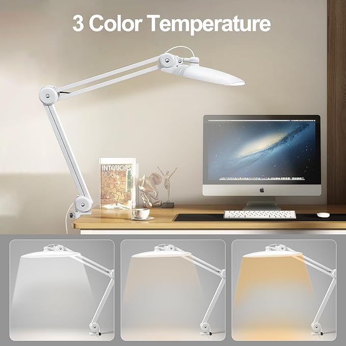 20" LED Desk Lamp with Clamp, 24W CCT Adjustable Dimmable Nail Light for Desk, 120 LEDs Metal Swivel Arm Daylight for for Nail Tech Task Home Office Reading Architect Craft, White