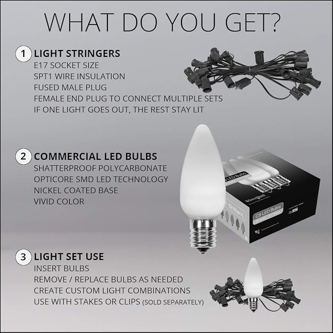 100 ft C9 Warm White OptiCore LED Commercial Outdoor Christmas Lights – Heavy Duty on Green Wire (100 Lights, Smooth/Opaque Bulbs)