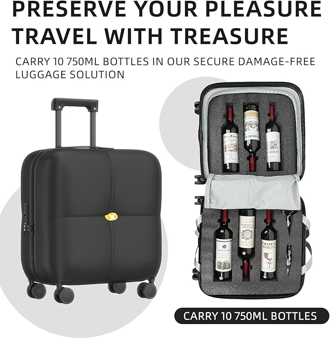 Wine Suitcase, 6 Bottle Wine Luggage, Durable Wine Travel Case, Fly With Wine Suitcase with TSA Lock, Versatile Wine Carrier with Removable Inserts and Silent Spinner WheelsïŒBlackïŒ