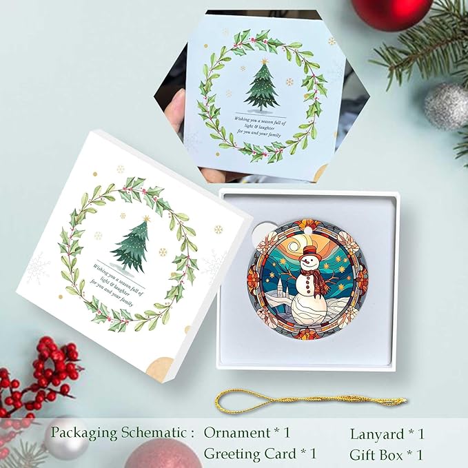 Snowman Ornaments Round Ceramic Stained Glass Style Ornament Christmas Keepsake Decor for Christmas Tree Winter Holiday Xmas Gift for Women Men Hanging Ornament 3"
